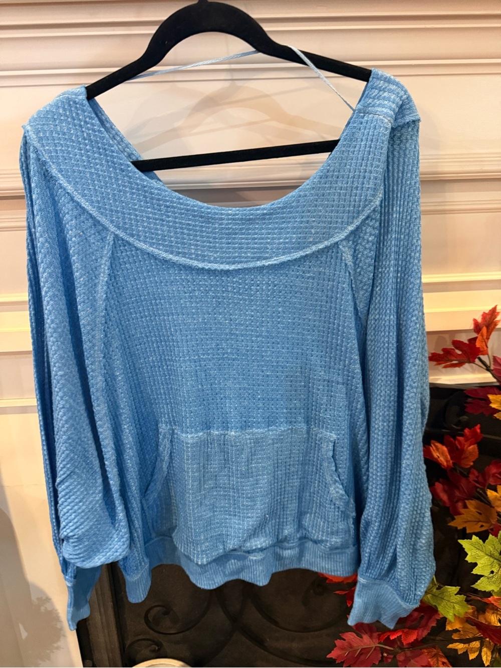 We The Free Sky Blue Off-the-Shoulder Waffle Knit Sweater